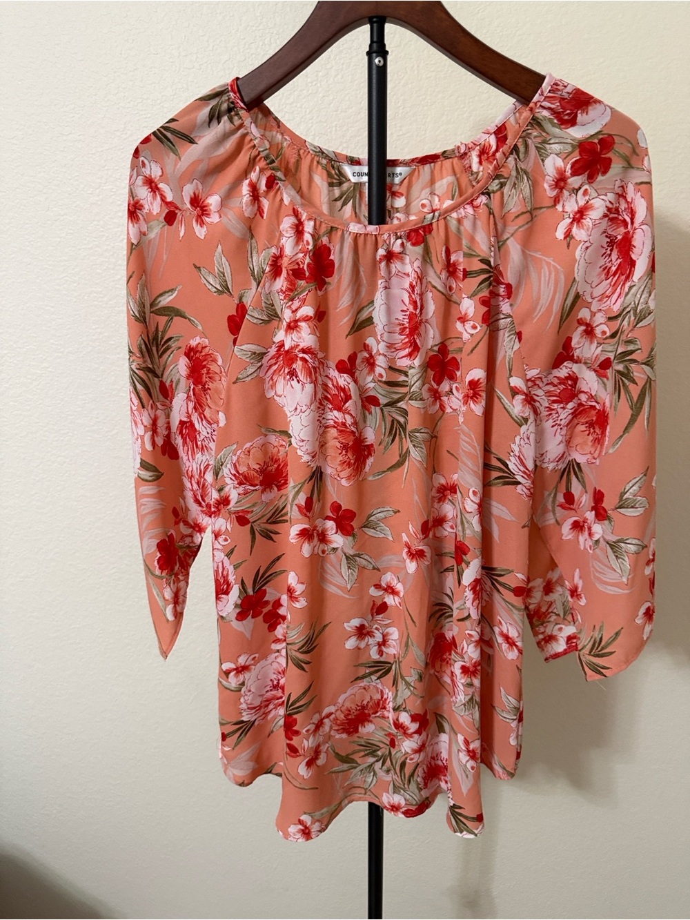 Floral Peasant Blouse in Peach with Red Accents